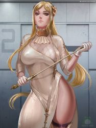 Rule 34 | 1girl, blonde hair, breasts, dress, gloves, grey eyes, large breasts, long hair, looking at viewer, nextoad, nier (series), nier:automata, patreon username, short sleeves, solo, space station, thick thighs, thighhighs, thighs, turtleneck, very long hair, watermark, white dress, white gloves, commander (nier:automata)