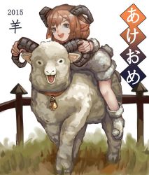 Rule 34 | 10s, 1girl, 2015, :d, animal ears, aozarigani, bad id, bad pixiv id, bell, neck bell, brown hair, child, collar, grey eyes, happy new year, horns, new year, open mouth, original, riding, sheep, sheep ears, sheep girl, sheep horns, smile, solo