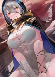 Rule 34 | 1girl, bandaged arm, bandages, black cloak, blazpu, breasts, cleavage, cloak, code vein, commentary, dress, english commentary, grey hair, hair between eyes, highres, hood, hood up, hooded cloak, io (code vein), large breasts, looking at viewer, short hair, solo, torn clothes, torn dress, white dress, yellow eyes