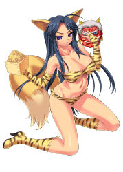 Rule 34 | 1girl, absurdres, animal ears, animal print, beans, black hair, boots, breasts, cleavage, elbow gloves, fox ears, fox tail, gloves, grin, high heels, highres, kneeling, long hair, looking at viewer, mask, navel, ngo (ngo dandelion), oni mask, original, purple eyes, setsubun, simple background, smile, solo, tail, tiger print, white background