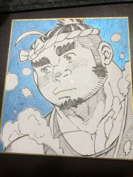 Rule 34 | 1boy, ahoge, blue background, blush, bubble, commentary request, ei (marutendon), facial hair, goatee, hachimaki, headband, highres, jewelry, long sideburns, looking to the side, mature male, medium hair, multicolored hair, muscular, muscular male, necklace, nib pen (medium), painting (medium), photo (medium), portrait, puckered lips, raised eyebrow, sarutahiko (housamo), shikishi, sideburns, solo, tank top, thick eyebrows, tokyo houkago summoners, traditional media, two-tone hair, undercut, uneven eyes