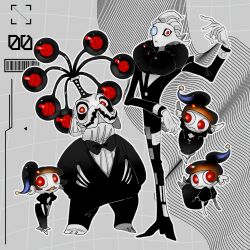 Rule 34 | 2boys, 3girls, :&lt;, :3, barcode, black bow, black bowtie, black dress, black footwear, black pants, black suit, blunt bangs, bow, bowtie, closed mouth, dress, fins, fish boy, floating, formal, full body, glowing, glowing eyes, grey background, grid background, hand up, hands in pockets, head fins, high ponytail, highres, homing arpeggio, jelleton, long sleeves, looking at viewer, medium hair, monocle, monocle chain, multicolored pants, multiple boys, multiple girls, nintendo, ore is xtai, pants, parted lips, personification, puffy short sleeves, puffy sleeves, red eyes, short sleeves, sidelocks, spawning accordo, splatoon (series), splatoon 3, splatoon 3: side order, spot color, standing, straight hair, suit, towering nobilmente, two-tone pants, white footwear, white hair, white pants, white wrist cuffs, wrist cuffs