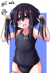 Rule 34 | 1girl, absurdres, akatsuki (kancolle), alternate costume, alternate hairstyle, badge, blue background, blue one-piece swimsuit, collarbone, comb, covered navel, hair between eyes, highres, kantai collection, long hair, looking at viewer, messy hair, old school swimsuit, one-piece swimsuit, open mouth, purple eyes, purple hair, school swimsuit, solo, swimsuit, t (dyuhuhudyukusi), twintails, white background