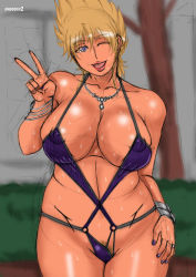 Rule 34 | 1girl, bad id, bad pixiv id, bangle, blonde hair, blonde pubic hair, blue eyes, blurry, bracelet, breasts, cleavage, colored pubic hair, contrapposto, covered erect nipples, cowboy shot, curvy, depth of field, facing viewer, female focus, female pubic hair, honoo no toukyuuji: dodge danpei, ichigeki haruka, jewelry, large breasts, legs together, linea alba, lipstick, makeup, nail polish, nature, necklace, one-piece swimsuit, one eye closed, papepox2, plant, pubic hair, pubic hair peek, purple nails, purple one-piece swimsuit, red lips, ring, short hair, sketch, skindentation, smile, solo, spiked hair, standing, sweat, swimsuit, v, wedding band, wink