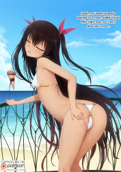 Rule 34 | 1girl, ass, bikini, breasts, brown hair, cleft of venus, dot nose, english text, closed eyes, food, highres, ice cream, long hair, master nemesis, patreon logo, patreon username, pussy, pussy peek, small breasts, swimsuit, to love-ru, two side up, vahn yourdoom, very long hair