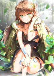 Rule 34 | 1girl, absurdres, ahoge, bad id, bad pixiv id, bandages, bandaid, bare shoulders, blush, bow, breasts, brown hair, camouflage, choker, cleavage, collarbone, double bun, dress, fur-trimmed jacket, fur trim, girls&#039; frontline, green eyes, green nails, hair between eyes, hair bow, hair bun, tucking hair, highres, jacket, jacket on shoulders, ktm, light particles, long hair, looking at viewer, medium breasts, nail polish, paint splatter, rfb (girls&#039; frontline), smile, solo, strap slip, torn clothes, yellow nails