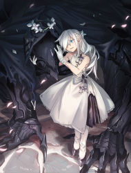 Rule 34 | 1girl, bad id, bad pixiv id, bare shoulders, blue eyes, crack, cracked floor, dress, flower, gloves, hair over one eye, head tilt, head wreath, highres, monster, one eye covered, original, pantyhose, shichigatsu, shoes, smile, standing, torn clothes, white dress, white flower, white gloves, white hair, white pantyhose