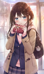 Rule 34 | 1girl, bag, blue eyes, blush, brown bag, brown coat, brown hair, ceiling, coat, duffel coat, gift, hair over shoulder, hallway, handbag, highres, holding, holding gift, indoors, long sleeves, looking at viewer, open clothes, open coat, original, pink sweater, plaid, plaid skirt, pleated skirt, purple skirt, purple vest, scarf, school, school uniform, shelf, shirt, sidelocks, skirt, solo, standing, striped clothes, striped scarf, sunset, sweatdrop, sweater, tsumugi 8345, upper body, valentine, vest, white scarf, white shirt, window