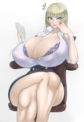 Rule 34 | 1girl, blonde hair, blue lips, blush, bra, breasts, chair, cleavage, crossed legs, gigantic breasts, hand on own face, holding, lace, lace-trimmed bra, lace trim, long hair, makeup, office chair, office lady, original, purple bra, reading, shirt, sitting, solo, surprised, swivel chair, thick thighs, thighs, underwear, white background, white shirt, yagimayu