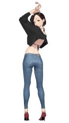 Rule 34 | 1girl, arched back, arms up, ass, bikini, bikini under clothes, black eyes, black shirt, blue pants, commentary, cropped shirt, denim, earrings, from behind, full body, ganbare douki-chan, hand on own wrist, high heels, highres, hoop earrings, jeans, jewelry, long sleeves, looking back, nail polish, pants, red footwear, red nails, senpai-san (douki-chan), shirt, short hair, simple background, solo, standing, string bikini, swimsuit, white background, yomu (sgt epper)