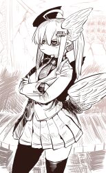 Rule 34 | 1girl, :|, ahoge, angel, angel wings, aohada bocchi, black shirt, black thighhighs, closed mouth, commentary request, crossed arms, head wings, highres, ink (medium), jacket, lian (aohada bocchi), monochrome, pointy ears, ponytail, school uniform, shading mismatch, shirt, sidelocks, skirt, thighhighs, traditional media, unfinished, sketch background, white background, white jacket, white skirt, wings, zyugoya