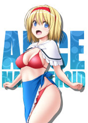 Rule 34 | 1girl, alice margatroid, bikini, blonde hair, blue eyes, blush, breasts, capelet, character name, cleavage, commentary request, cowboy shot, drop shadow, hair between eyes, hairband, highres, looking at viewer, medium breasts, nori tamago, open mouth, red bikini, red hairband, sarong, short hair, solo, standing, stomach, swimsuit, thighs, touhou, white background, white capelet