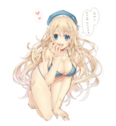 Rule 34 | 10s, 1girl, atago (kancolle), barefoot, bikini, blonde hair, blue bikini, blue eyes, blush, breasts, cleavage, curly hair, full body, hat, heart, highres, kantai collection, kneeling, large breasts, long hair, open mouth, serino itsuki, shiny skin, simple background, skindentation, smile, solo, swimsuit, thigh gap, white background, white s