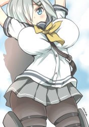 Rule 34 | 10s, 1girl, absurdres, blue eyes, breasts, clothes lift, hair ornament, hair over one eye, hairclip, hamakaze (kancolle), highres, huge breasts, kantai collection, large breasts, looking at viewer, necktie, pantyhose, ryuki (ryukisukune), school uniform, serafuku, short hair, silver hair, skirt, skirt lift, solo, strap