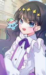 Rule 34 | 1girl, :d, black hair, blue eyes, bow, delicious party precure, diamond hairband, dot nose, frills, hairband, highres, kasai amane, long hair, looking at viewer, miisu (minirose), open mouth, outdoors, parfait recipipi, precure, purple bow, recipipi, shirt, smile, upper body, white shirt, yellow hairband