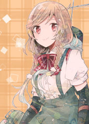 Rule 34 | 1girl, arm warmers, bow, bowtie, braid, cloud hair ornament, cowboy shot, gradient hair, grey skirt, itomugi-kun, kantai collection, light brown hair, long hair, looking at viewer, machinery, minegumo (kancolle), multicolored hair, orange background, plaid, plaid background, plaid bow, plaid bowtie, plaid neckwear, pleated skirt, red bow, red bowtie, red eyes, shirt, skirt, smile, smokestack, solo, suspender skirt, suspenders, twin braids, white shirt