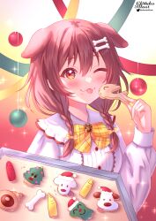 Rule 34 | 1girl, :p, absurdres, animal ears, blush, bone hair ornament, bow, bowtie, braid, brown eyes, brown hair, character cookie, choukoillust, christmas, collared shirt, commentary, cookie, dog ears, english commentary, extra ears, food, food on face, frilled shirt collar, frills, futo-inu, hair between eyes, hair ornament, hairclip, highres, hololive, hoso-inu, inugami korone, inugami korone (street), listener (inugami korone), long hair, looking at viewer, low twin braids, low twintails, official alternate costume, shirt, signature, tongue, tongue out, twin braids, twintails, virtual youtuber, white shirt, yellow bow, yellow bowtie, yubi yubi (inugami korone)