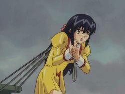 Rule 34 | 1990s (style), 1girl, agent aika, aika (series), animated, animated gif, black hair, breasts, cleavage cutout, clothing cutout, delmo, dress, female focus, golden delmo, latex, long hair, retro artstyle, rie petoriyacowa, rope, short dress, walking