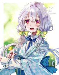 Rule 34 | :d, arrow print, blush, bow, bug, butterfly, butterfly on hand, framed, frilled sleeves, frills, grey hair, hair bow, highres, insect, japanese clothes, kimono, looking at viewer, low twintails, open mouth, original, red eyes, samo cha, sash, sleeve cuffs, smile, solo, tareme, twintails, white hair, wide sleeves, yukata