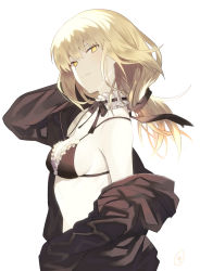 Rule 34 | 1girl, artoria pendragon (alter swimsuit rider) (fate), artoria pendragon (alter swimsuit rider) (second ascension) (fate), artoria pendragon (fate), bikini, bikini top only, black bikini, black jacket, black ribbon, blonde hair, breasts, choker, cleavage, clothes down, fate/grand order, fate (series), floating hair, frilled bikini, frilled bikini top, frills, from side, hair ribbon, hand in own hair, head tilt, highres, jacket, long hair, medium breasts, open clothes, open jacket, ponytail, ribbon, sanae (satansanae), sideboob, simple background, smile, solo, standing, swimsuit, upper body, white background, yellow theme
