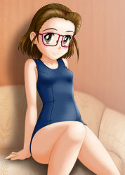 Rule 34 | brown eyes, brown hair, couch, glasses, kasuga chiharu, neopure, one-piece swimsuit, school swimsuit, short hair, solo, swimsuit, true love story