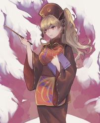 Rule 34 | 1girl, alternate hairstyle, blonde hair, book, breasts, brown dress, brown headwear, closed mouth, commentary request, dress, feet out of frame, fire, gold trim, hair between eyes, hand up, headdress, highres, holding, holding book, holding stick, junko (touhou), large breasts, light smile, long hair, long sleeves, looking ahead, oito (bowstringsmall), red eyes, ribbon, simple background, solo, standing, stick, tabard, tassel, touhou, twintails, white background, wide sleeves, yellow neckwear, yellow ribbon