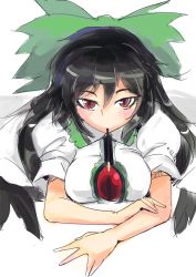 Rule 34 | 1girl, black hair, black wings, blush, bow, breasts, cape, hair bow, incoming kiss, large breasts, looking at viewer, mouth hold, pocky, puffy sleeves, red eyes, reiuji utsuho, shirt, short sleeves, sinzan, solo, third eye, touhou, wings