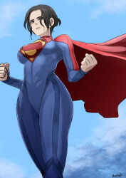 Rule 34 | 1girl, animification, artist name, black eyes, blue bodysuit, bodysuit, breasts, butcha-u, cape, clenched hands, cloud, dc comics, dc extended universe, floating cape, frown, hair behind ear, highres, looking down, medium breasts, red cape, sky, solo, supergirl, superhero costume, superman (series), the flash (2023)