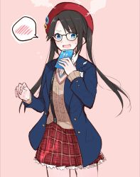 Rule 34 | 1girl, :d, black hair, blazer, blue eyes, blue jacket, blush, brown sweater, buttons, cellphone, commentary request, cowboy shot, furrowed brow, hanetsuka, hat, highres, holding, holding phone, idolmaster, idolmaster shiny colors, jacket, long hair, looking at viewer, miniskirt, mitsumine yuika, open clothes, open jacket, open mouth, phone, pink background, plaid, plaid skirt, red hat, red skirt, school uniform, shirt, sidelocks, skirt, smartphone, smile, solo, spoken blush, standing, steam, sweat, sweater, twintails, undershirt, white shirt, wing collar