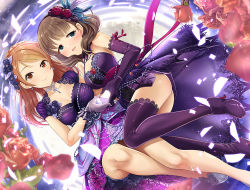 Rule 34 | 2girls, blue eyes, blush, boots, breasts, brown eyes, brown hair, cleavage, collarbone, commentary request, dutch angle, elbow gloves, flower, gloves, hair flower, hair ornament, heart, heart hands, heart hands duo, high heel boots, high heels, hojo karen, idolmaster, idolmaster cinderella girls, idolmaster cinderella girls starlight stage, large breasts, looking at viewer, medium hair, mk (mod0), multiple girls, purple footwear, purple gloves, red flower, red rose, rose, sakuma mayu, sitting, smile, thigh boots, thighhighs
