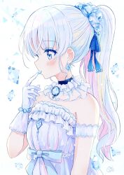 Rule 34 | 1girl, bare shoulders, blue bow, blue eyes, blush, bow, breasts, closed mouth, commentary request, dress, frilled dress, frills, gloves, hair bow, hand up, highres, multicolored hair, original, pink hair, ponytail, profile, sakura oriko, signature, small breasts, solo, strapless, strapless dress, two-tone hair, upper body, white background, white dress, white gloves, white hair