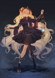 Rule 34 | 1girl, absurdres, arm guards, asymmetrical legwear, black background, black socks, black thighhighs, blonde hair, blue fire, blue gemstone, breasts, cage, chain, closed eyes, crossed legs, dress, earrings, ereshkigal (fate), ereshkigal (third ascension) (fate), fate/grand order, fate (series), fire, flower, full body, gem, glint, hair ribbon, high heels, highres, holding, holding lantern, jewelry, lantern, light particles, long hair, long sleeves, outstretched arms, parted bangs, red flower, red rose, ribbon, ripples, rose, see-through, short dress, skull ornament, smile, smoke, socks, solo, standing, thighhighs, tiara, two-sided fabric, two side up, very long hair, wavy hair, wide sleeves, xs-dial, yellow footwear