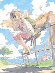 Rule 34 | 1girl, backpack, bad id, bad pixiv id, bag, barn, blonde hair, breasts, bug, cleavage, cloud, cow, day, dragonfly, fence, from below, grass, hat, highres, holding, holding clothes, holding hat, horns, insect, long hair, medium breasts, open clothes, open shirt, original, pomodorosa, round eyewear, shadow, shirt, sitting, sitting on object, sky, solo, striped, sunglasses, tree, wind