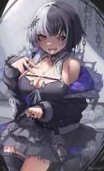 Rule 34 | 1girl, absurdres, ahegao, alternate hair color, arm warmers, asymmetrical legwear, black choker, black coat, black dress, black hair, black thighhighs, breast strap, breasts, choker, cleavage, coat, commentary, crazy, dress, eyeliner, eyeshadow, fur-trimmed coat, fur trim, grey hair, highres, hololive, hololive english, jewelry, lace, lace-trimmed choker, lace choker, lace trim, large breasts, layered dress, long hair, makeup, multicolored hair, open mouth, ring, rolling eyes, rorirori (rorirori45), runny makeup, shiori novella, shiori novella (1st costume), short dress, single thighhigh, sleeveless, sleeveless dress, solo, split-color hair, thighhighs, tongue, tongue out, two-sided coat, two-sided fabric, uneven legwear, virtual youtuber, yellow eyes, yorick (shiori novella)