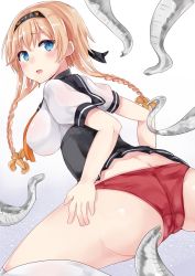 Rule 34 | 10s, 1girl, ass, blue eyes, blush, chiune (yachi), hair ornament, imminent rape, kantai collection, open mouth, panties, red panties, see-through, short hair, solo, tentacles, teruzuki (kancolle), thighs, underwear