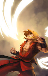 Rule 34 | 1boy, armor, blonde hair, clenched hand, dougi, fighting stance, fingerless gloves, gloves, highres, japanese armor, ken masters, kote, male focus, mihai radu, muscular, pectorals, short hair, solo, street fighter