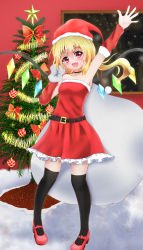Rule 34 | 1girl, alternate costume, arm up, arm warmers, armpits, bag, bare shoulders, belt, black thighhighs, blonde hair, bow, choker, christmas, christmas ornaments, christmas tree, fang, flandre scarlet, hat, head tilt, highres, indoors, looking at viewer, mary janes, open hand, open mouth, over-kneehighs, pigeon-toed, red eyes, santa costume, santa hat, shoes, short hair, side ponytail, solo, thighhighs, tinsel, touhou, window, wings, ymd (holudoun)