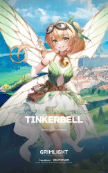 Rule 34 | 1girl, bell, blonde hair, blush, bow, commentary, dress, english commentary, fairy wings, goggles, goggles on head, green bow, green dress, green eyes, green footwear, grimlight, grin, hair bow, highres, long hair, neck bell, official art, pointy ears, ponytail, smile, solo, tinker bell (grimlight), wings