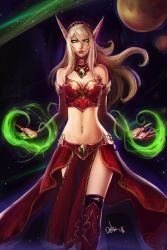 Rule 34 | 1girl, blonde hair, blood elf (warcraft), boots, breasts, claw (weapon), cleavage, colored sclera, corset, distr, green eyes, green sclera, hairband, highres, large breasts, long eyebrows, long hair, looking at viewer, magic, navel, navel piercing, parted lips, pelvic curtain, piercing, planet, pointy ears, red skirt, signature, skirt, solo, thighhighs, warcraft, weapon, world of warcraft