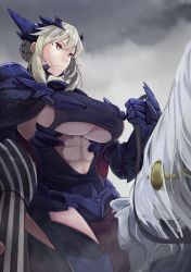 Rule 34 | 1girl, abs, armor, armored dress, armpits, artoria pendragon (fate), artoria pendragon (lancer alter) (fate), black dress, black gloves, blonde hair, breasts, cape, cleavage, cloak, closed mouth, dress, elbow gloves, fate/grand order, fate (series), gauntlets, gloves, hair between eyes, horns, horse, jewelry, large breasts, llamrei (fate), long hair, mashuu (neko no oyashiro), pauldrons, riding, short hair, short hair with long locks, shoulder armor, sideboob, simple background, solo, stomach, underboob, upper body, yellow eyes