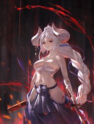 Rule 34 | 1girl, absurdres, azusa (granblue fantasy), azusa (summer) (granblue fantasy), bandaged arm, bandaged hand, bandages, braid, braided ponytail, breast press, breasts, budget sarashi, draph, granblue fantasy, grey hair, hair ribbon, highres, hip vent, holding, holding sheath, holding sword, holding weapon, horns, japanese clothes, katana, large breasts, long hair, navel, official alternate costume, official alternate hairstyle, open mouth, pointy ears, purple ribbon, red eyes, ribbon, sarashi, sheath, simple background, solo, sword, very long hair, weapon, yu pian