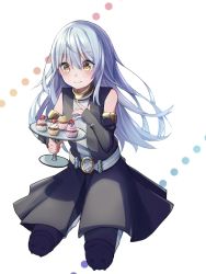 Rule 34 | 1girl, bad id, bad pixiv id, black pants, black sleeves, blue hair, blush, closed mouth, detached sleeves, floating hair, grey background, hair between eyes, holding, long hair, long sleeves, pants, rimuru tempest, simple background, sitting, smile, solo, spring tm00oo, standing, straight hair, tensei shitara slime datta ken, very long hair, white background, yellow eyes