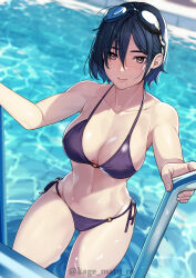 Rule 34 | 1girl, absurdres, bare arms, bare shoulders, bell, bikini, black hair, blue bikini, blurry, blurry background, breasts, brown eyes, closed mouth, commentary request, day, goggles, goggles on head, hair between eyes, halterneck, highres, kagematsuri, large breasts, light blush, looking at viewer, mole, mole under mouth, navel, o-ring, o-ring bikini, o-ring top, original, outdoors, pool, short hair, side-tie bikini bottom, smile, solo, stomach, swimsuit, twitter username, water