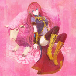 Rule 34 | 1girl, bad id, bad pixiv id, black thighhighs, blue eyes, boots, faux traditional media, light smile, long hair, long skirt, megurine luka, navel, nayuko, pink hair, pink theme, sheep, sitting, skirt, solo, thighhighs, very long hair, vocaloid