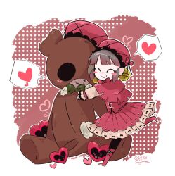 Rule 34 | 1girl, bell, beret, blush, boots, capelet, closed eyes, closed mouth, dress, hair bell, hair ornament, happy teddy bear, hat, highres, jingle bell, laetitia (project moon), lobotomy corporation, pink capelet, pink dress, pink footwear, pink hat, project moon, sidelocks, smile, solo, stuffed animal, stuffed toy, teddy bear, wakame 031412