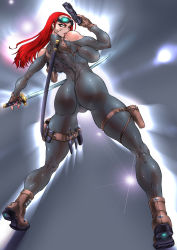Rule 34 | 1girl, ass, breasts, gun, highres, large breasts, long hair, looking back, red hair, weapon, yuri ai