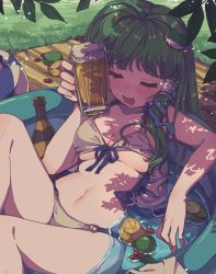 Rule 34 | 1girl, ball, bare arms, bare legs, bare shoulders, beachball, beer bottle, beer mug, bikini, blue ribbon, blunt bangs, blush, breasts, cleavage, closed eyes, collarbone, commentary request, cup, dappled sunlight, day, drooling, drunk, feet out of frame, food, frog hair ornament, front-tie bikini top, front-tie top, fruit, green hair, grey bikini, hair ornament, hair tubes, halterneck, highres, holding, holding cup, kochiya sanae, lemon, long hair, lying, medium breasts, mug, navel, nose blush, o-ring, o-ring bikini, on back, open mouth, outdoors, ribbon, satomachi, sidelocks, snake hair ornament, solo, stomach, sunlight, swimsuit, touhou, underboob, wading pool, water