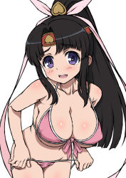 Rule 34 | 1girl, bare shoulders, bikini, black hair, blush, breasts, collarbone, cowboy shot, covered erect nipples, front-tie top, headband, kasanui, large breasts, leaning forward, long hair, looking at viewer, md5 mismatch, momo kyun sword, momoko (momokyun), navel, open mouth, pink bikini, ponytail, purple eyes, solo, swimsuit, undressing, white background