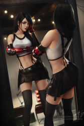 Rule 34 | 1girl, arm under breasts, bare shoulders, belt, black belt, black gloves, black hair, black skirt, black thighhighs, blondynkitezgraja, breasts, contrapposto, earrings, elbow gloves, elbow pads, final fantasy, final fantasy vii, final fantasy vii remake, fingerless gloves, gloves, hair over shoulder, highres, indoors, jewelry, large breasts, lights, lips, long hair, looking at mirror, looking at viewer, midriff, miniskirt, mirror, navel, parted lips, pleated skirt, red eyes, red gloves, red lips, reflection, signature, skirt, solo, suspender skirt, suspenders, tank top, thighhighs, tifa lockhart, very long hair, white tank top, zettai ryouiki