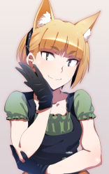 Rule 34 | 1girl, animal ears, blonde hair, cat ears, em (totsuzen no hakike), extra ears, female focus, gloves, kuraishi tanpopo, looking at viewer, simple background, smile, upper body, witch craft works, yellow eyes